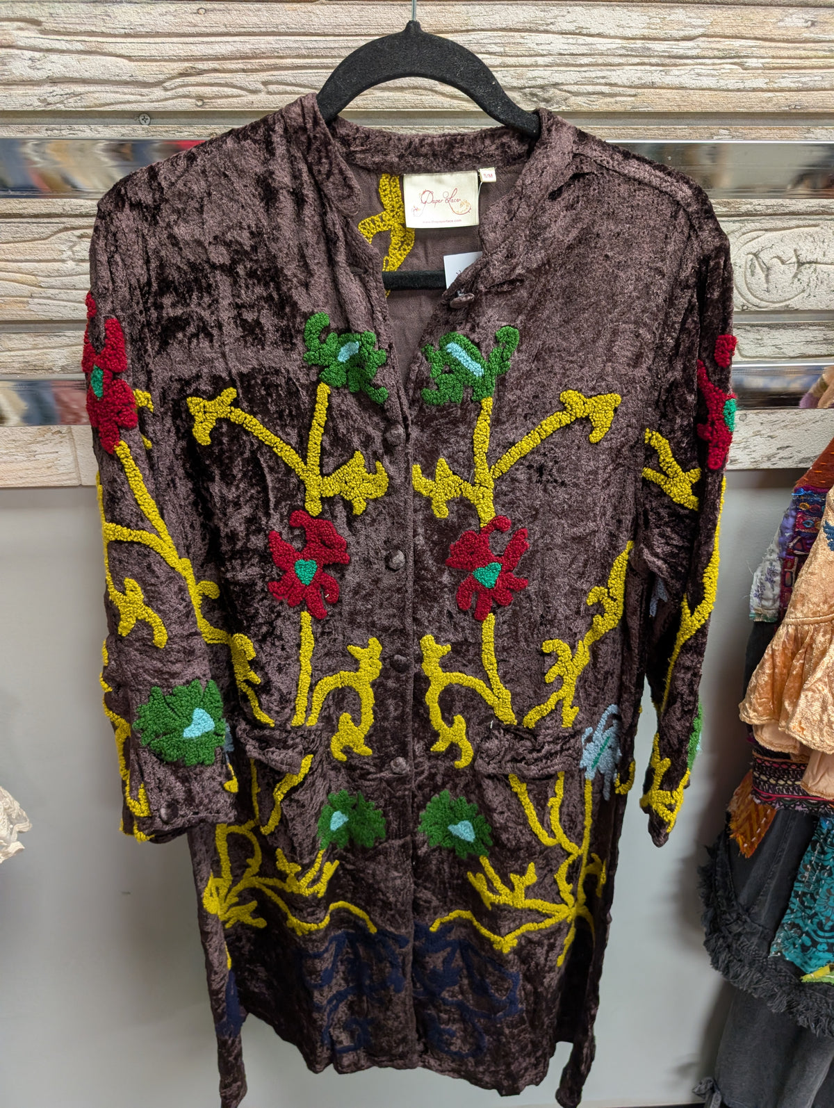 Brown Paper Lace PL-C829J velvet duster with colorful floral embroidery