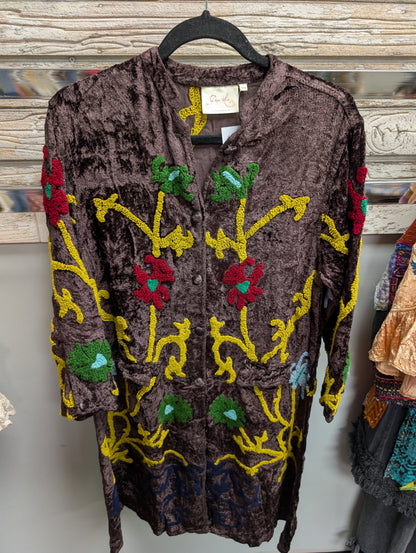 Brown Paper Lace PL-C829J velvet duster with colorful floral embroidery