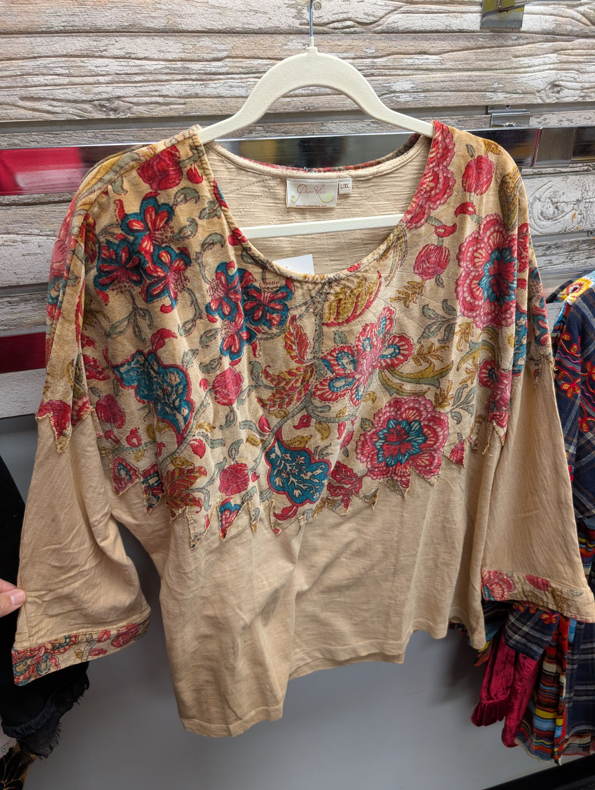 Paper Lace beige top with colorful floral panels and matching sleeve trim