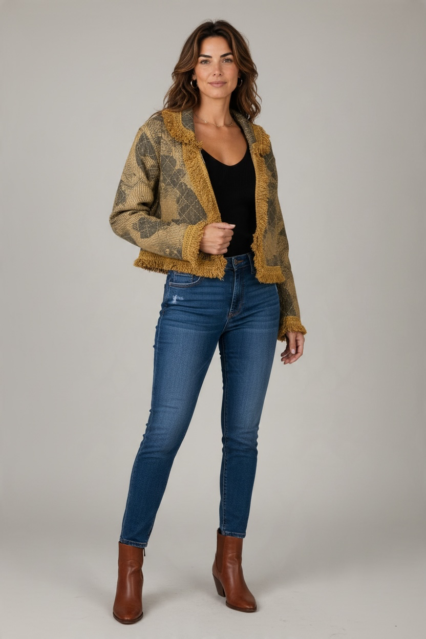Paper Lace Mustard Quilted Peace-Sign Fringe Jacket