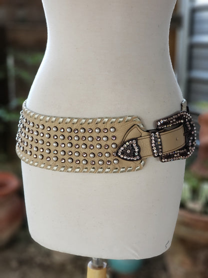 Kurtman Born to Wander cream statement belt with pearl-look accents, sparkling stones and embellished buckle