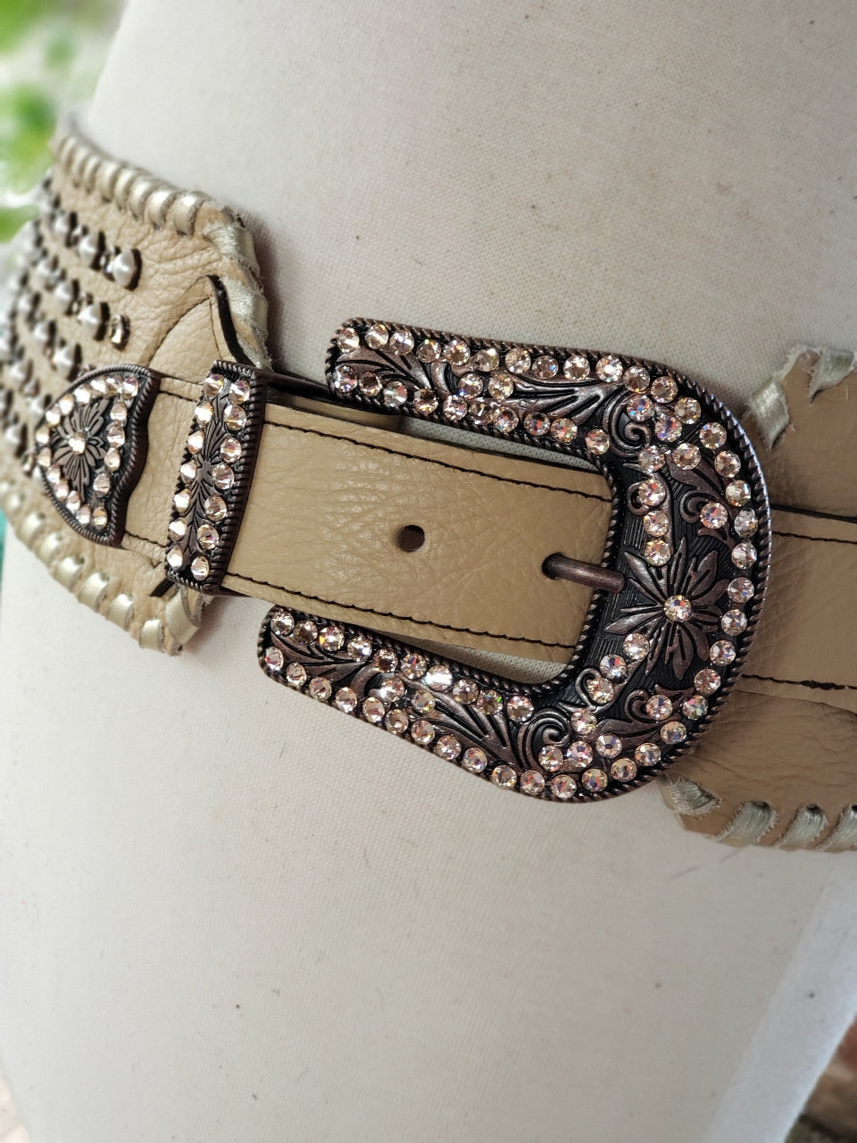 Kurtman Born to Wander cream statement belt with pearl-look accents, sparkling stones and embellished buckle