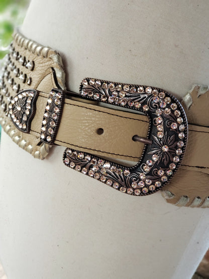 Kurtman Born to Wander cream statement belt with pearl-look accents, sparkling stones and embellished buckle