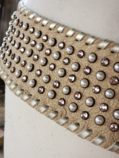 Kurtman Born to Wander cream statement belt with pearl-look accents, sparkling stones and embellished buckle