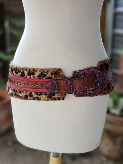 Kurtman Sassy Little Outlaw belt with leopard print, pink trim, brown studded strap and sparkling pink Western buckle