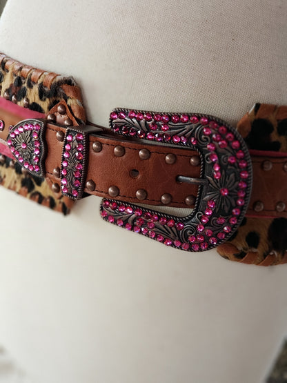 Kurtman Sassy Little Outlaw belt with leopard print, pink trim, brown studded strap and sparkling pink Western buckle