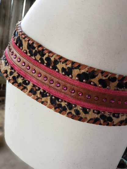 Kurtman Sassy Little Outlaw belt with leopard print, pink trim, brown studded strap and sparkling pink Western buckle