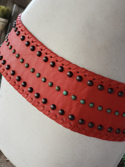 Kurtman Desert Fire coral statement belt with dark studs, turquoise-colored accents and ornate Western buckle