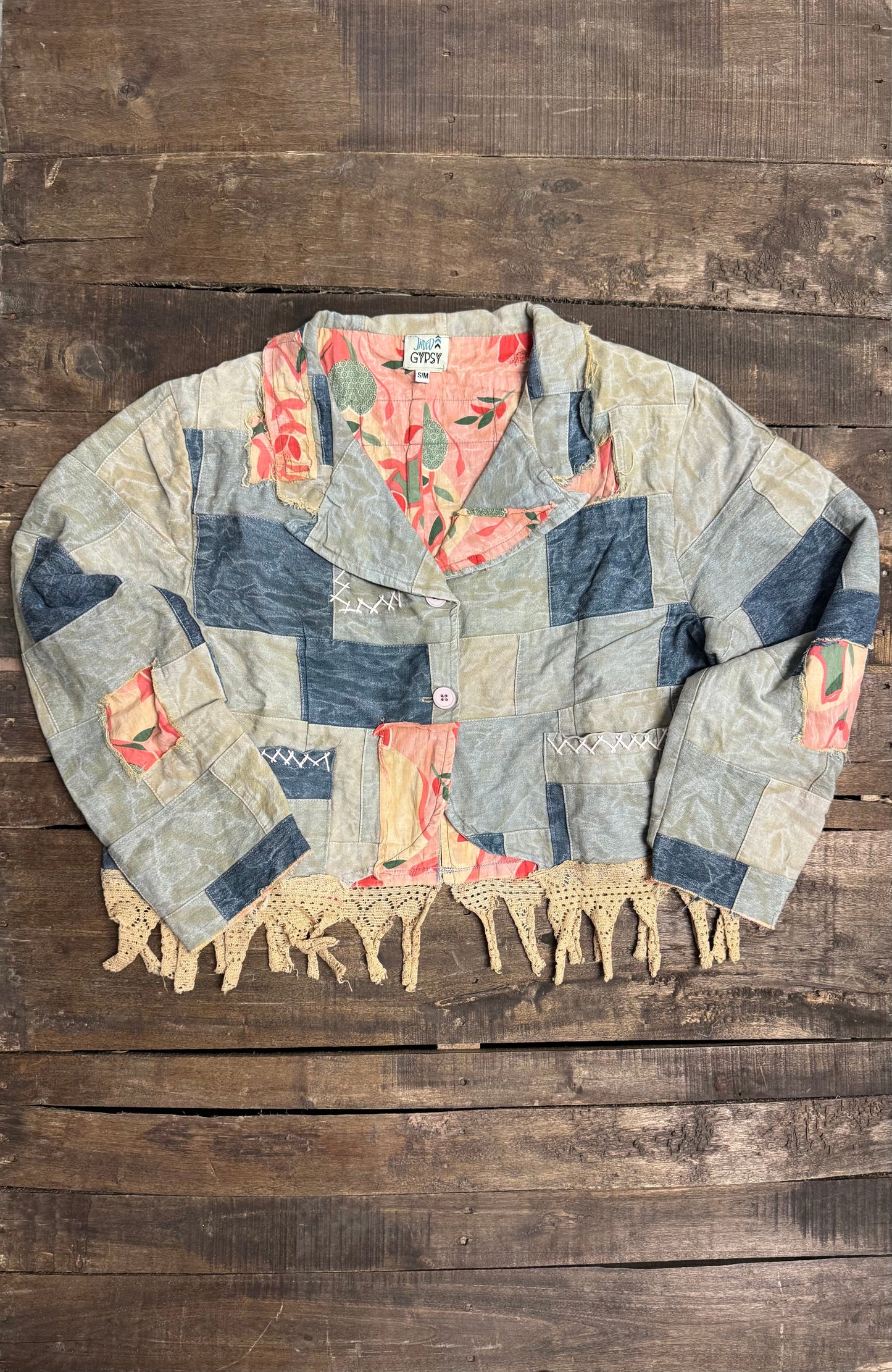 Jaded Gypsy Rosette Way Jacket in PW Skies - patchwork cropped jacket with macramé fringe hem