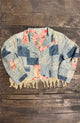 Jaded Gypsy Rosette Way Jacket in PW Skies - patchwork cropped jacket with macramé fringe hem