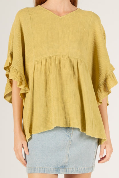 Before you Gauze Ruffled Sleeve V-Neck Top