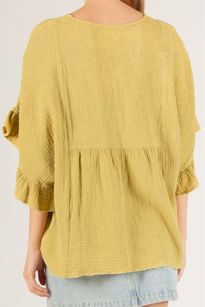 Before you Gauze Ruffled Sleeve V-Neck Top