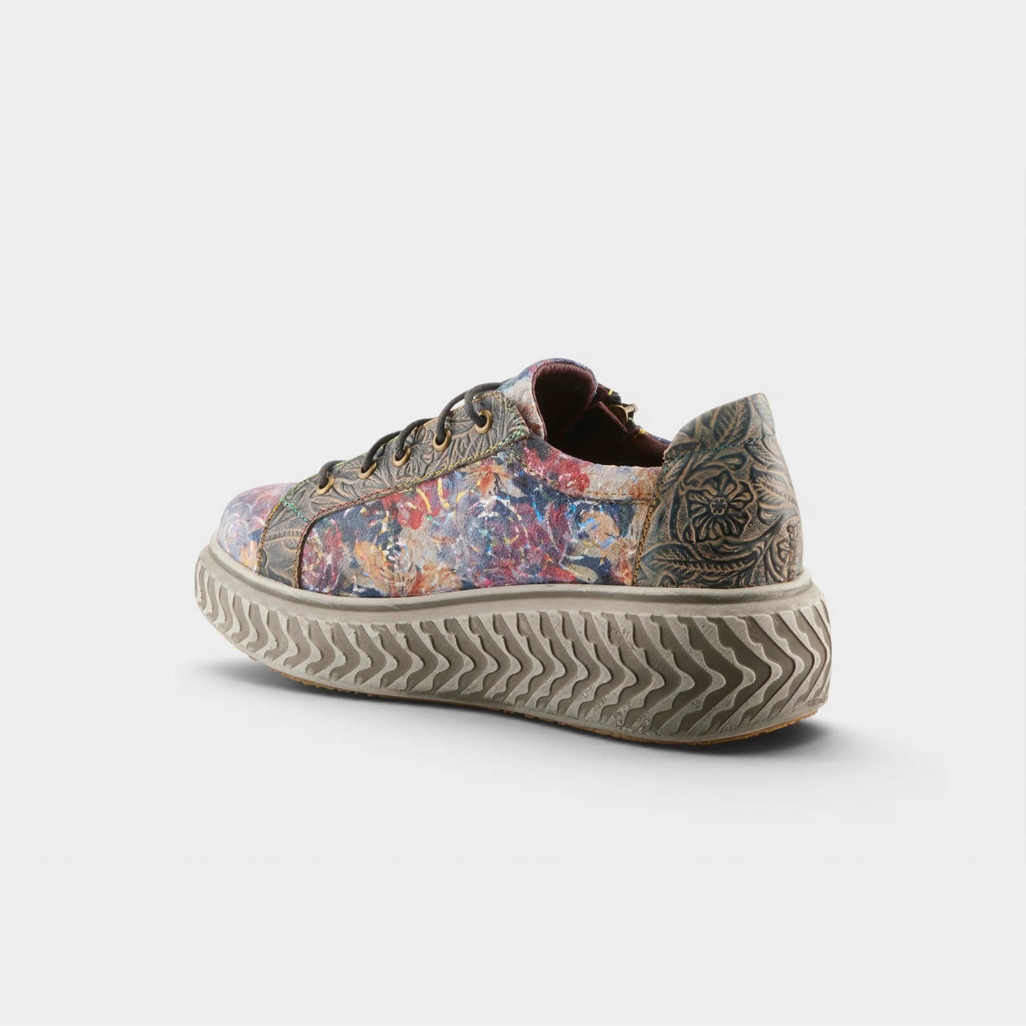L'Artiste Tiretread navy multi floral platform sneaker side view with zipper