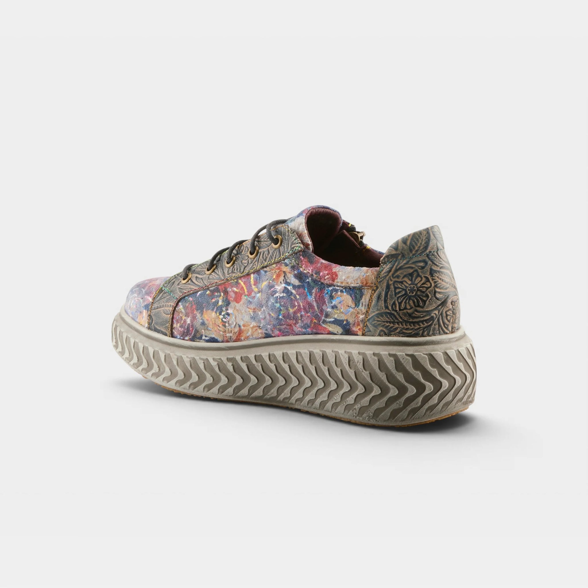 L'Artiste Tiretread navy multi floral platform sneaker side view with zipper