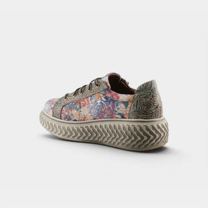 L'Artiste Tiretread navy multi floral platform sneaker side view with zipper