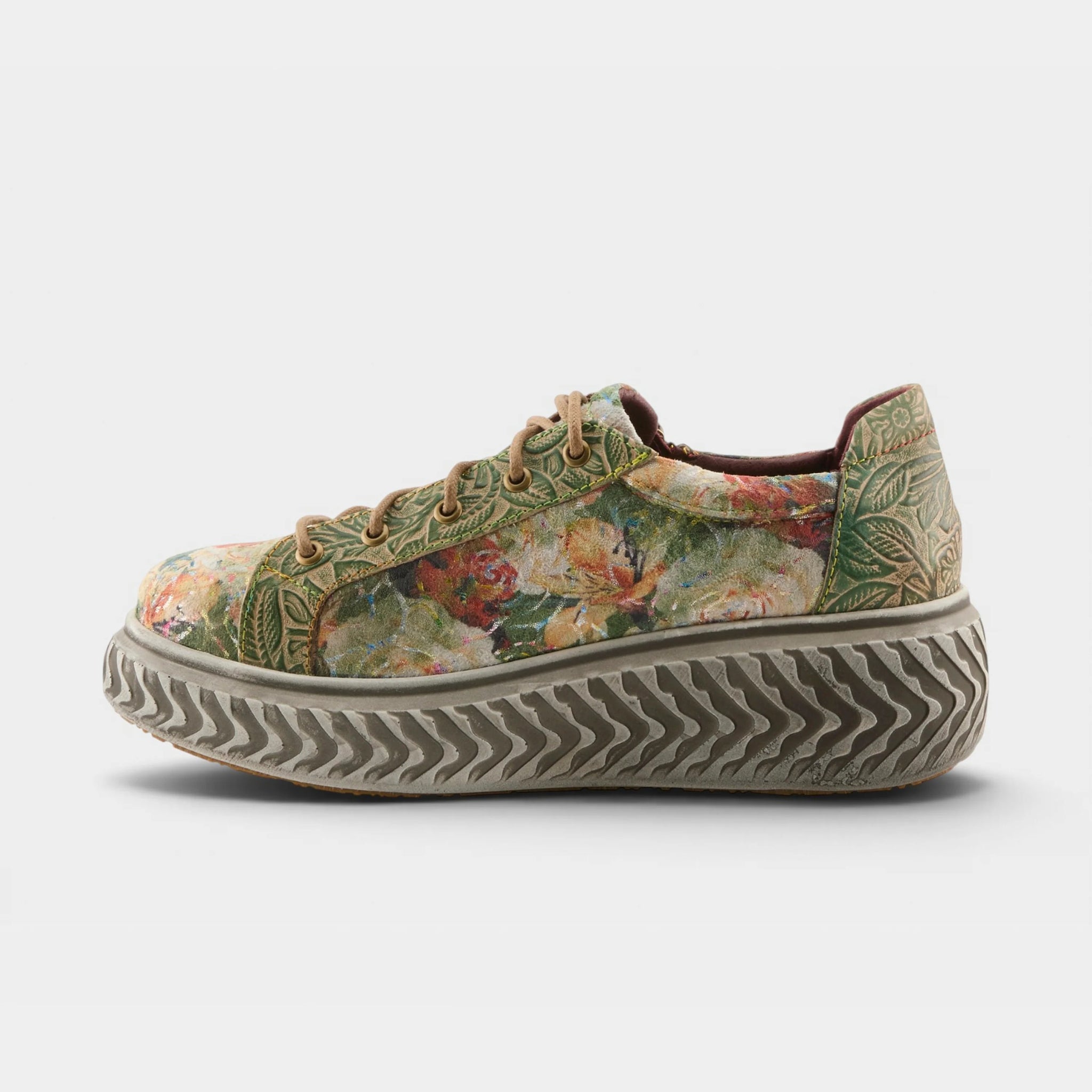 L'Artiste Tiretread olive multi floral platform sneaker side view