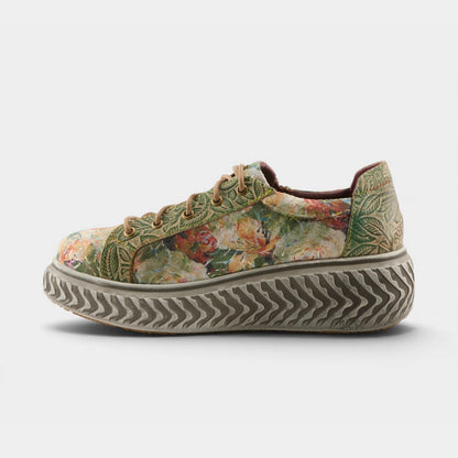 L'Artiste Tiretread olive multi floral platform sneaker side view