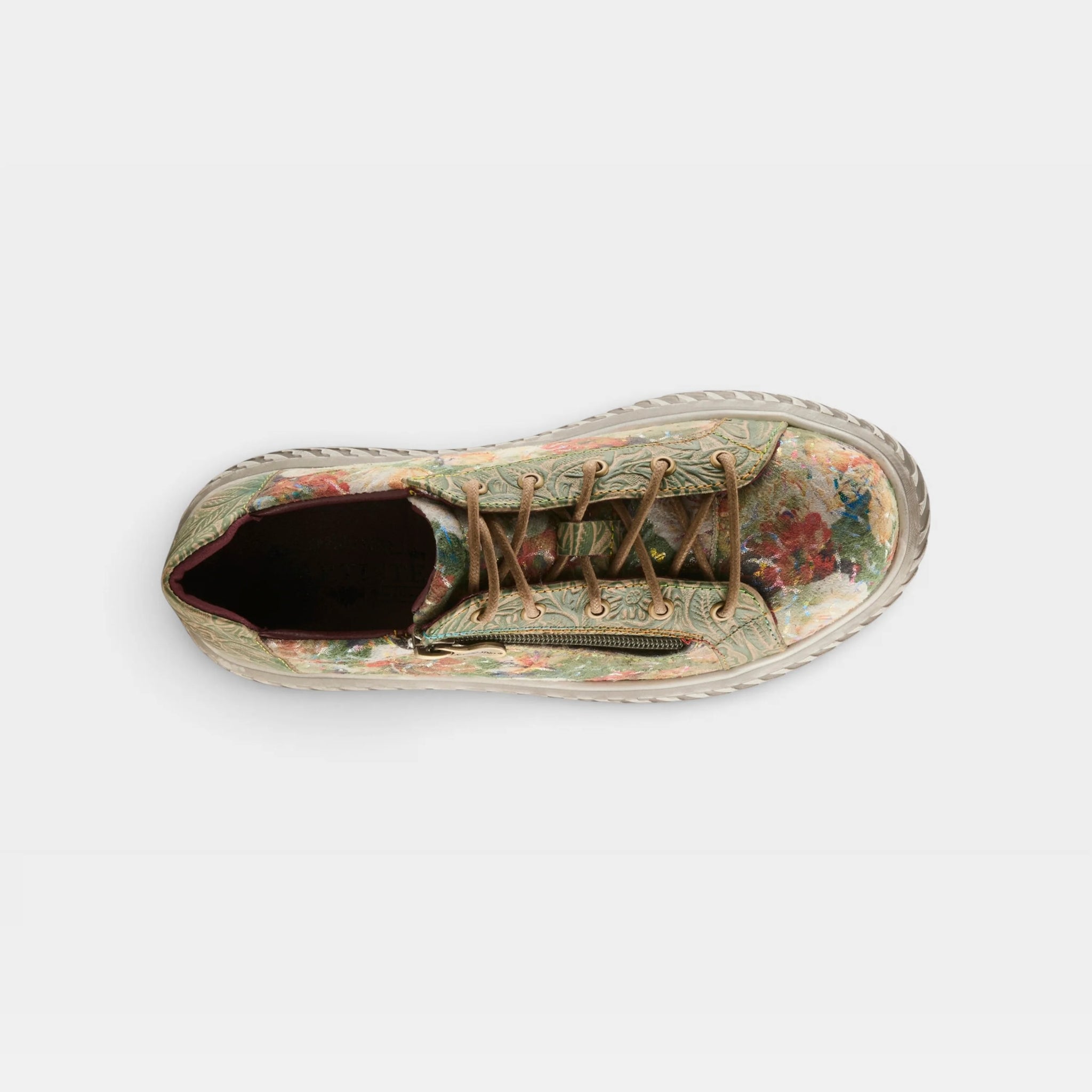 L'Artiste Tiretread olive multi floral platform sneaker front view