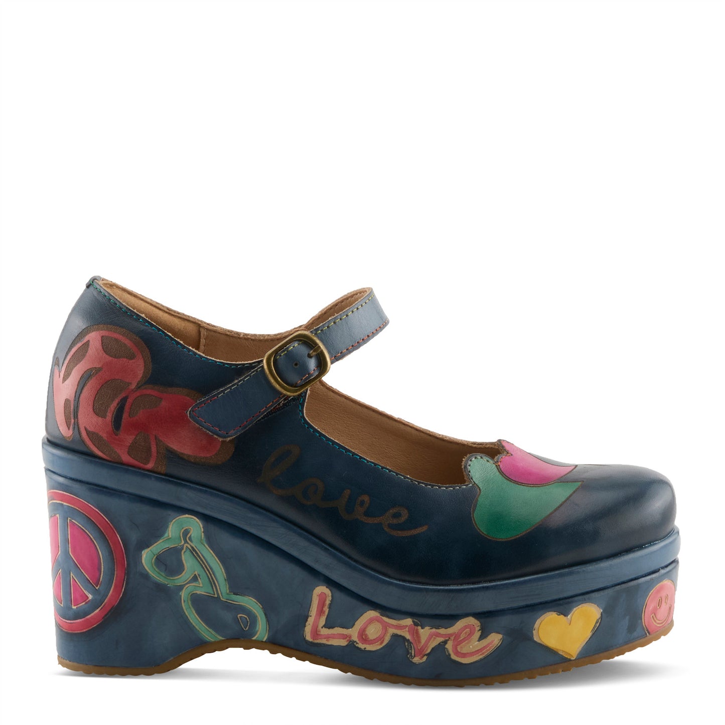 L'Artiste Peacenluv platform Mary Jane wedge back angle navy multi