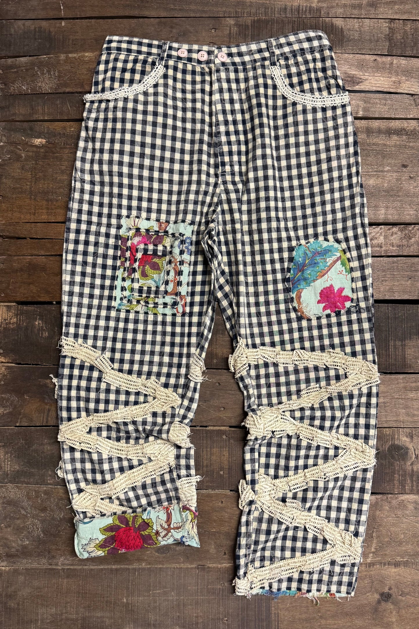 Jaded Gypsy Traveling On Pants in Black Gingham - gingham pants with patchwork and macramé lace detail