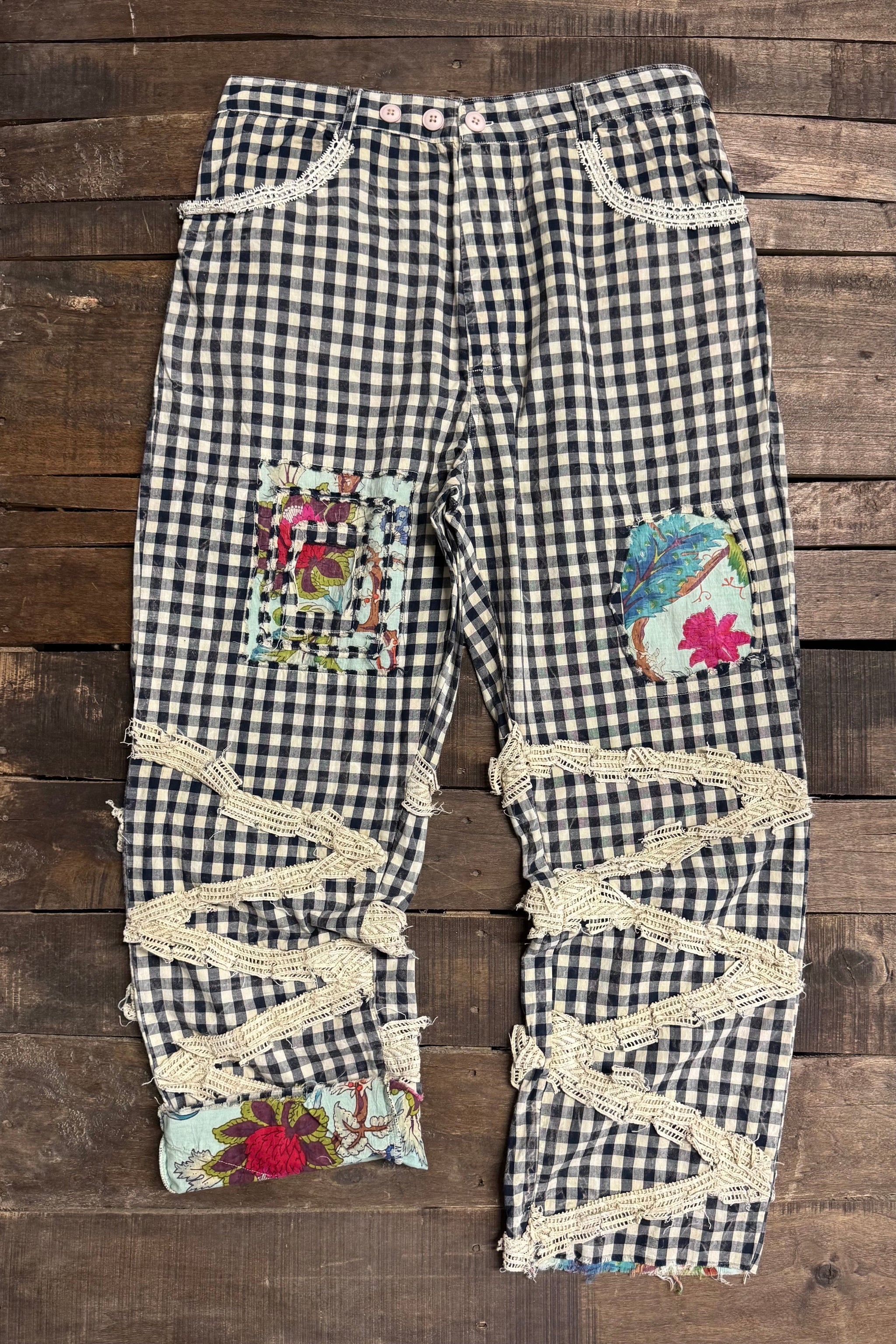 Jaded Gypsy Traveling On Pants in Black Gingham - gingham pants with patchwork and macramé lace detail