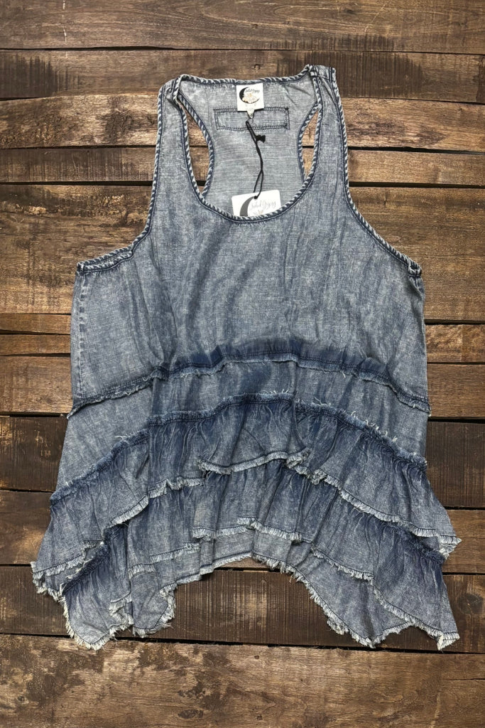 Jaded Gypsy Ruffled Dream Tank- Chambray