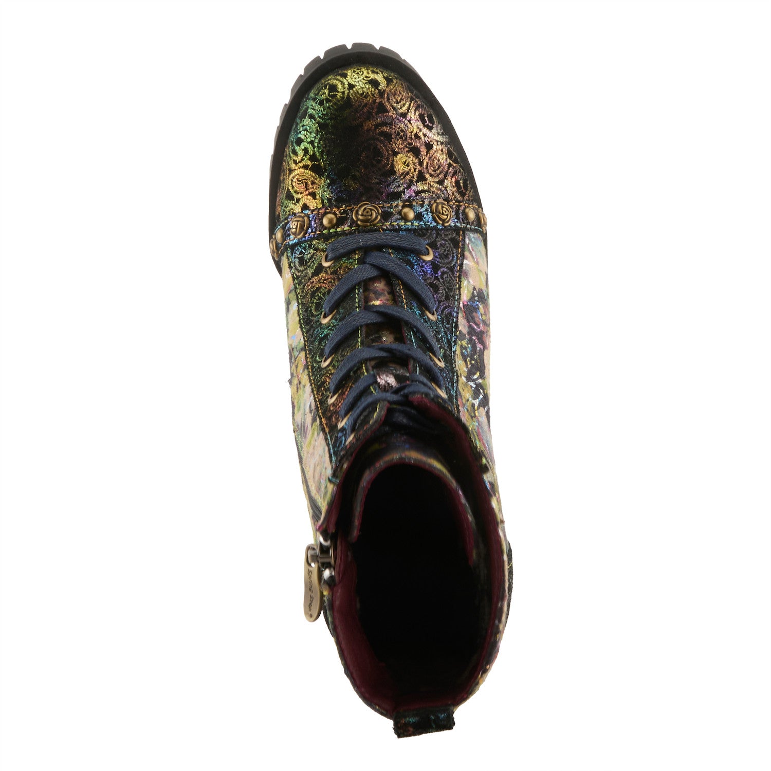 L'Artiste Butofcourse floral boot side view showing ombré stacked heel and zipper