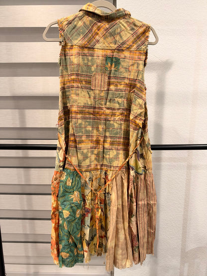 A Rare Bird sleeveless plaid patchwork dress with floral and striped panels, back view