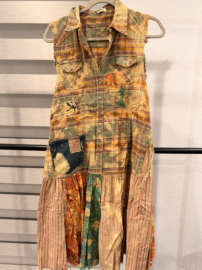 A Rare Bird sleeveless plaid patchwork dress with floral and striped panels, front view