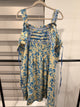 A Rare Bird cream and blue floral eyelet dress with blue ricrac trim and wide straps, front view