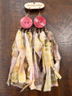 A Rare Bird button and fabric fringe earrings in Coral / Pastel Plaid