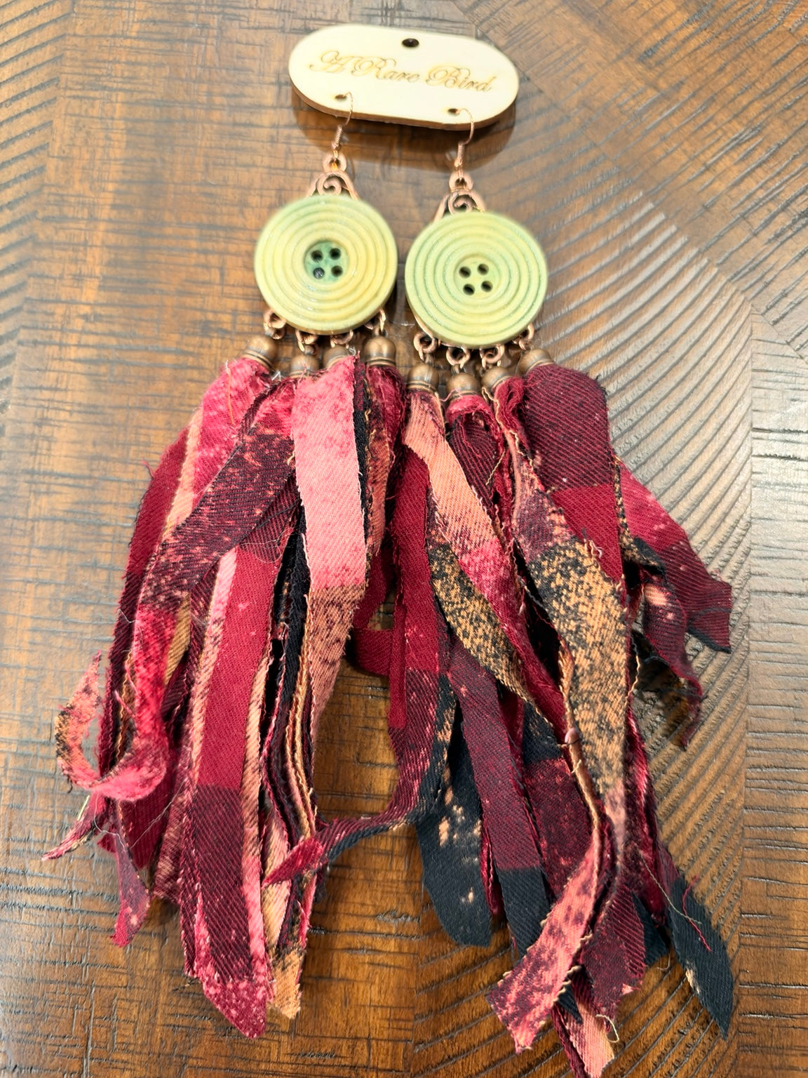 A Rare Bird button and fabric fringe earrings in Lime Ridged Button / Red Plaid