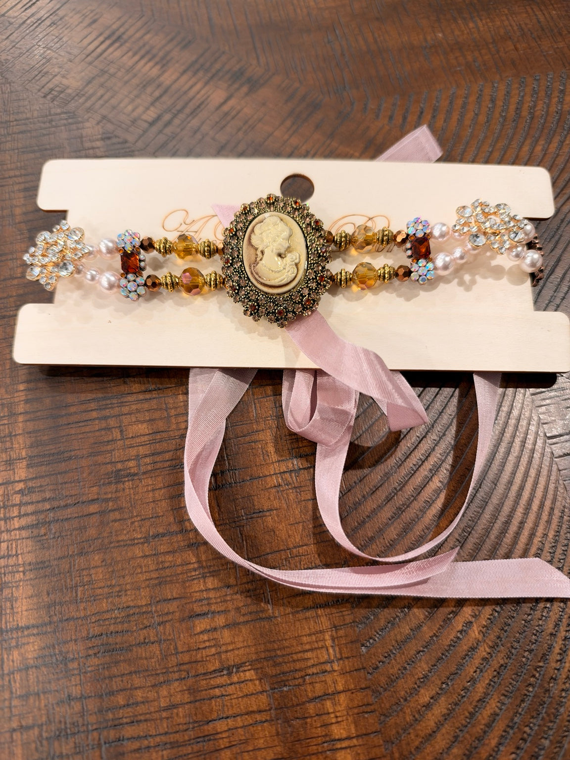 A Rare Bird Cameo Royale choker in Blush / Gold with amber beads and blush ribbon