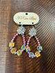 A Rare Bird pink beaded teardrop earrings with iridescent cube beads and sparkling floral tops