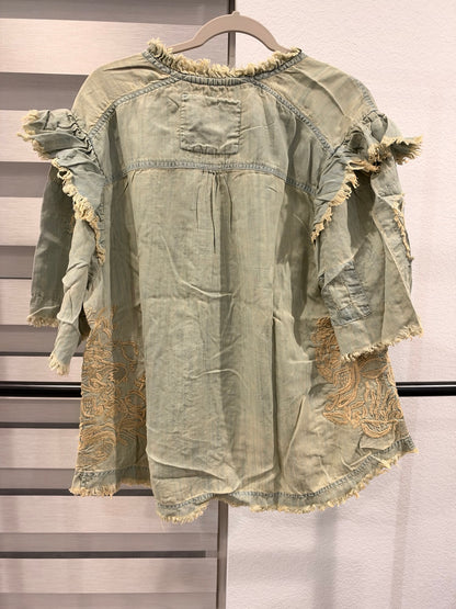 A Rare Bird sage green embroidered button-front top with ruffled sleeves and frayed edges, back view