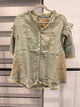 A Rare Bird sage green embroidered button-front top with ruffled sleeves and frayed edges, front view