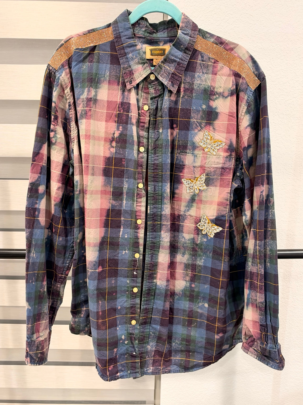 A Rare Bird Wild Darling Top in Navy/Pink Plaid, front with butterfly embellishments