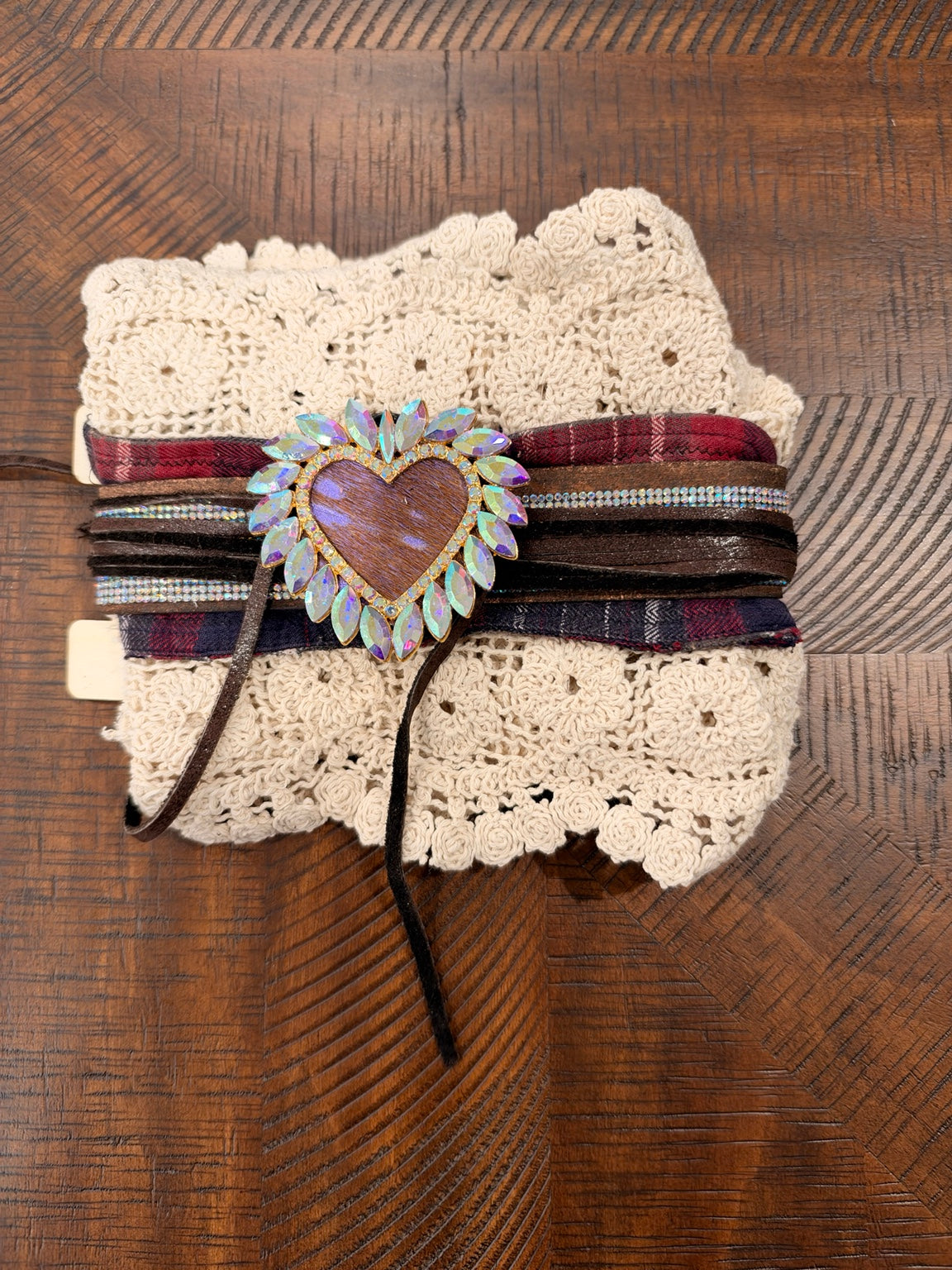 A Rare Bird ivory lace cuff with burgundy plaid and iridescent embellished heart
