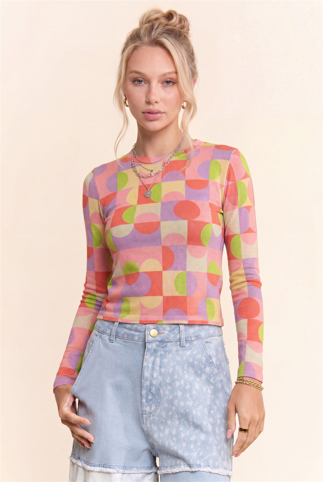 Davi & Dani Checkerboard Sheer Mesh Long Sleeve Top - side view