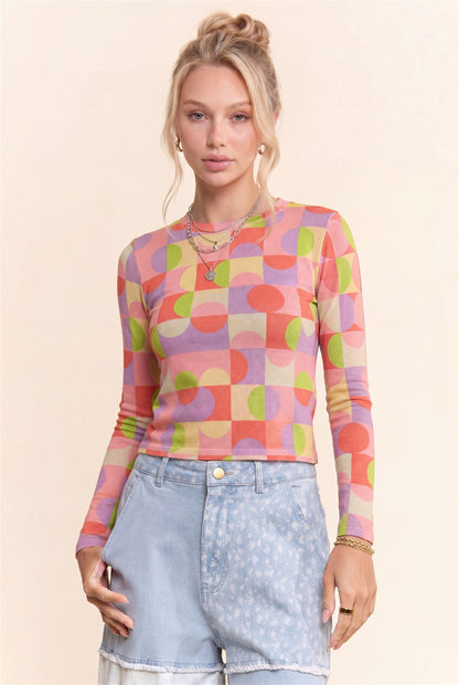 Davi & Dani Checkerboard Sheer Mesh Long Sleeve Top - side view