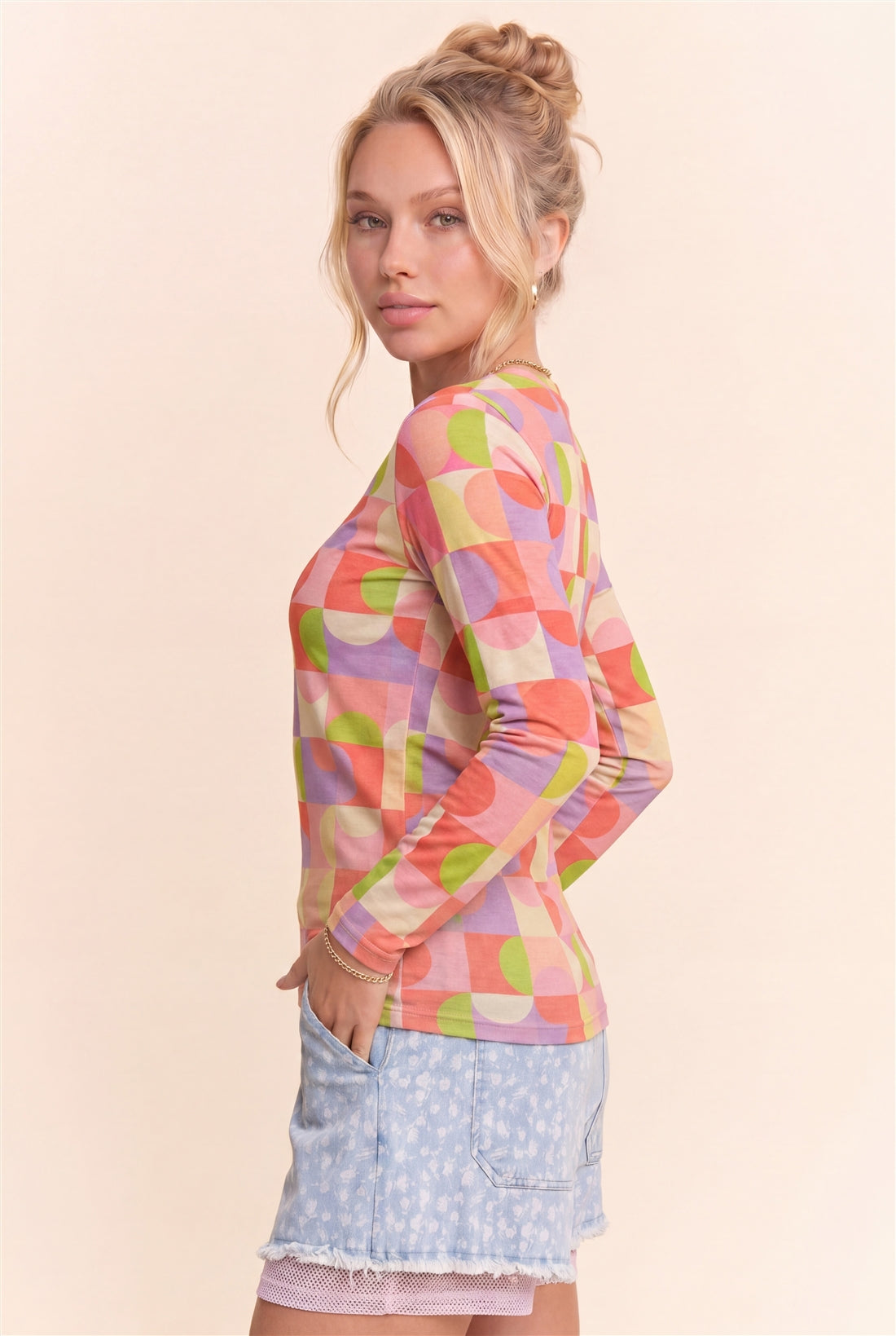 Davi & Dani Checkerboard Sheer Mesh Long Sleeve Top - front view