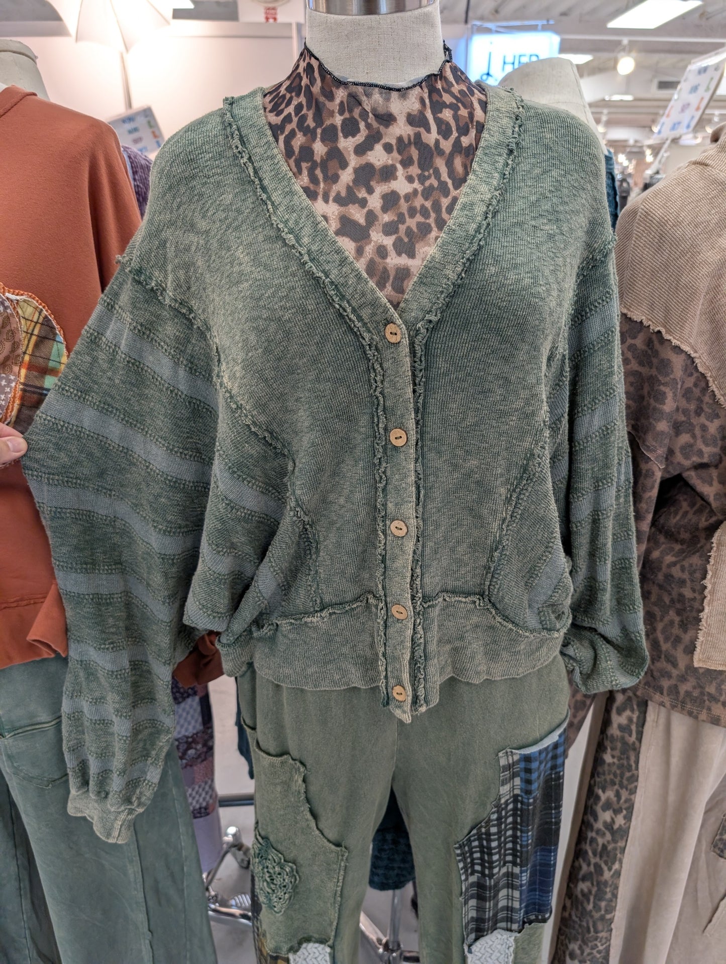 Jher HT7637 Olive Mineral-Washed Tonal Stripe Button-Front Cardigan with Patch Pockets