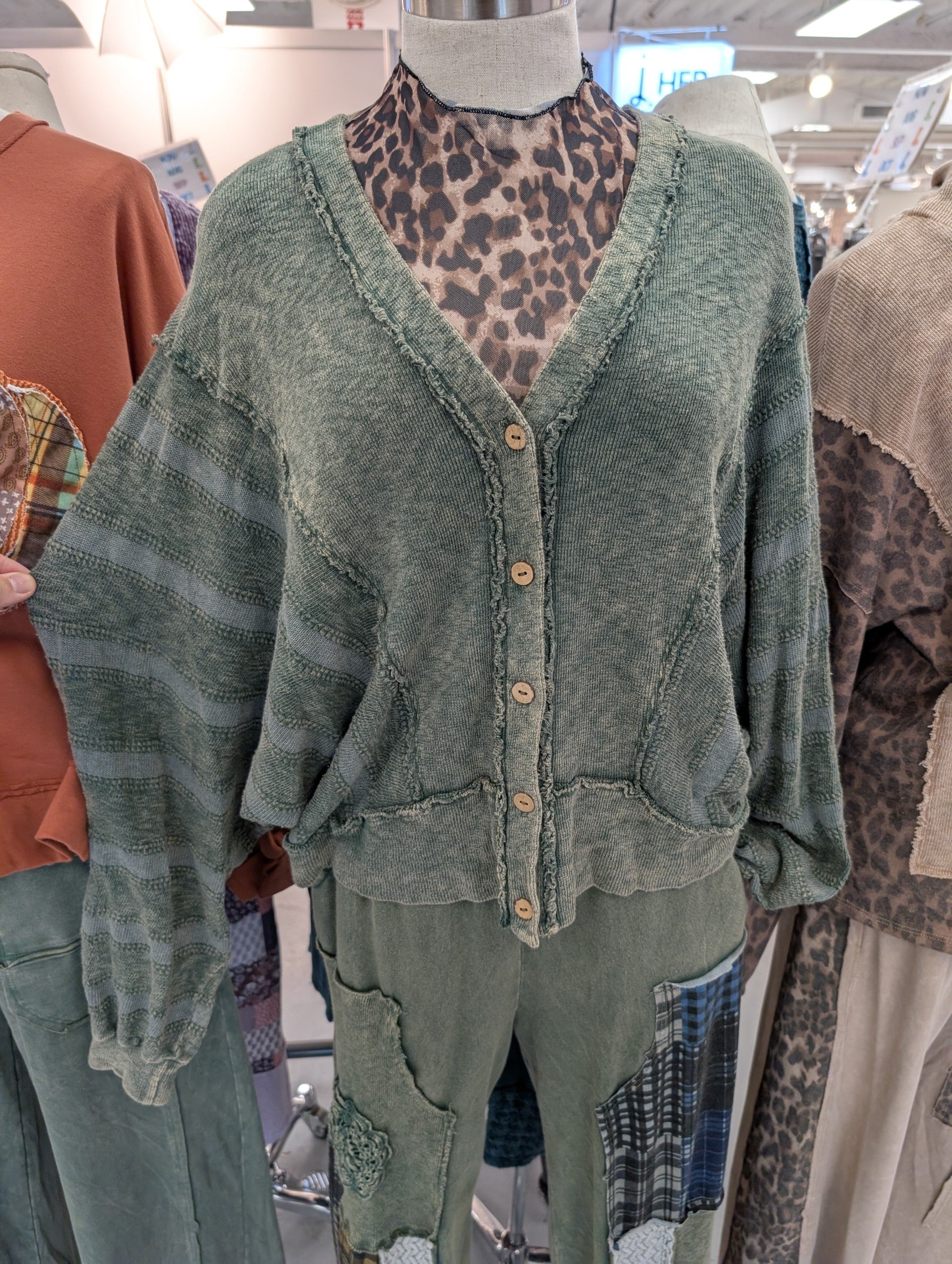 Jher HT7637 Olive Mineral-Washed Tonal Stripe Button-Front Cardigan with Patch Pockets