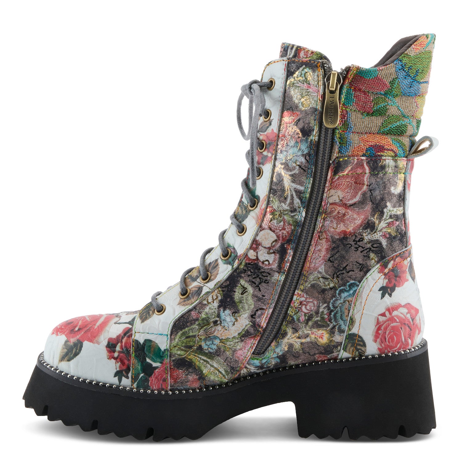 L'Artiste Ferociti floral lace-up combat boot front view