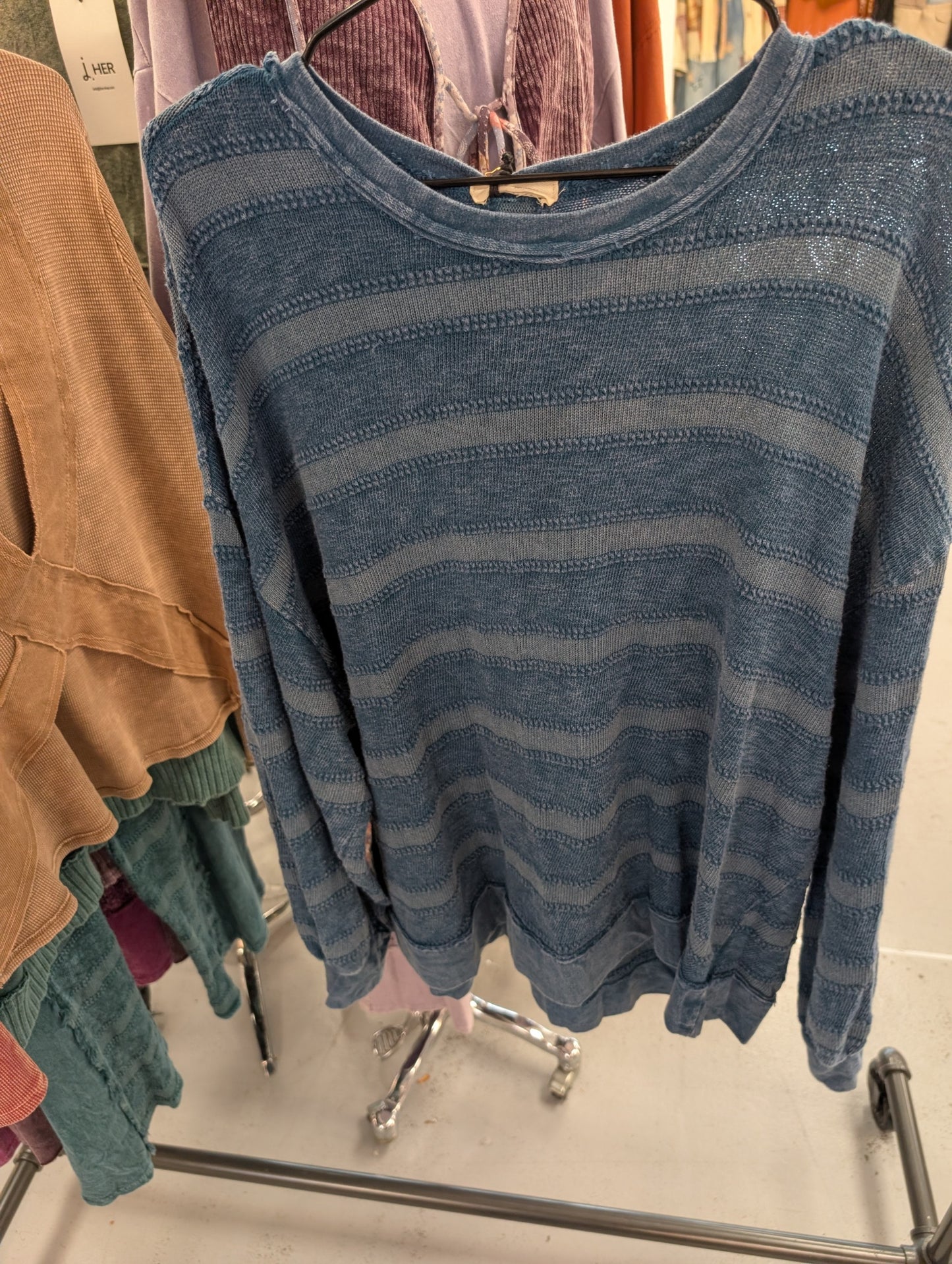 Jher HT7701 Slate Blue Mineral-Washed Tonal Stripe Knit Top with Scalloped Hem
