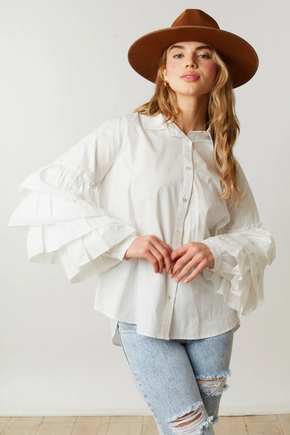 Poplin Shirt with Sleeve Ruffle