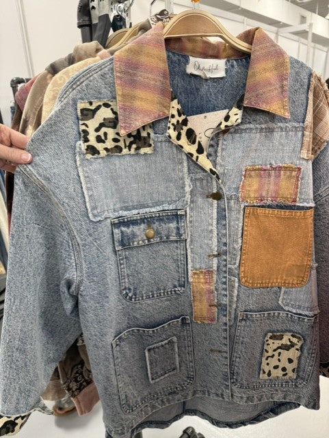 Oli and Hali JJ0585 Denim patchwork jacket with leopard and cow print accents