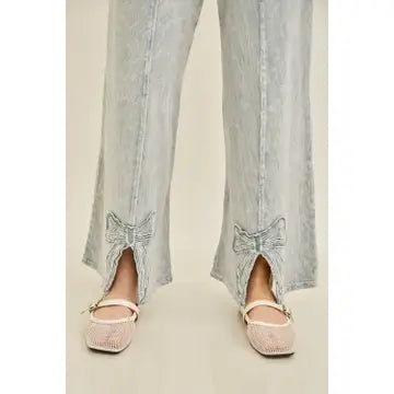 Jher Mineral Washed Cute bow trim slit pants