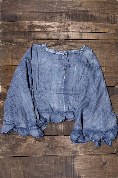 Jaded Gypsy Blooming Grace Top in Chambray, back view with button detail