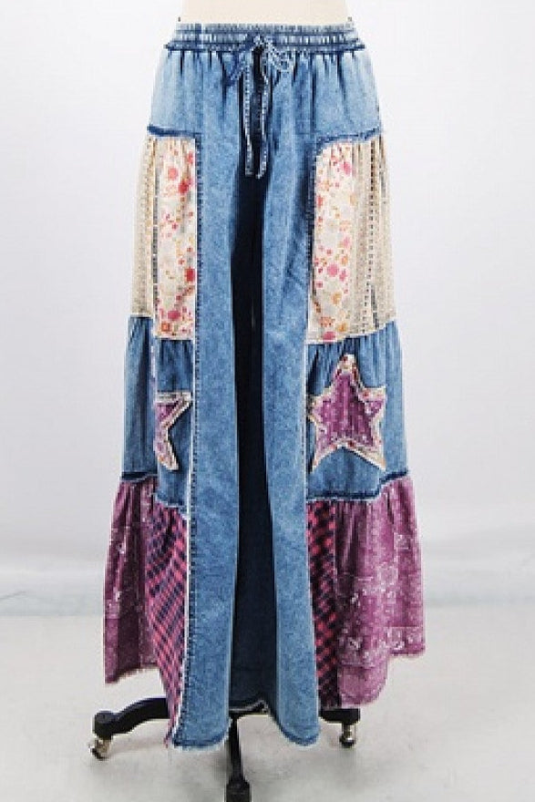 BLUE VELVET MULTI COLOR PATCH WIDE LEG WASHED DEINM